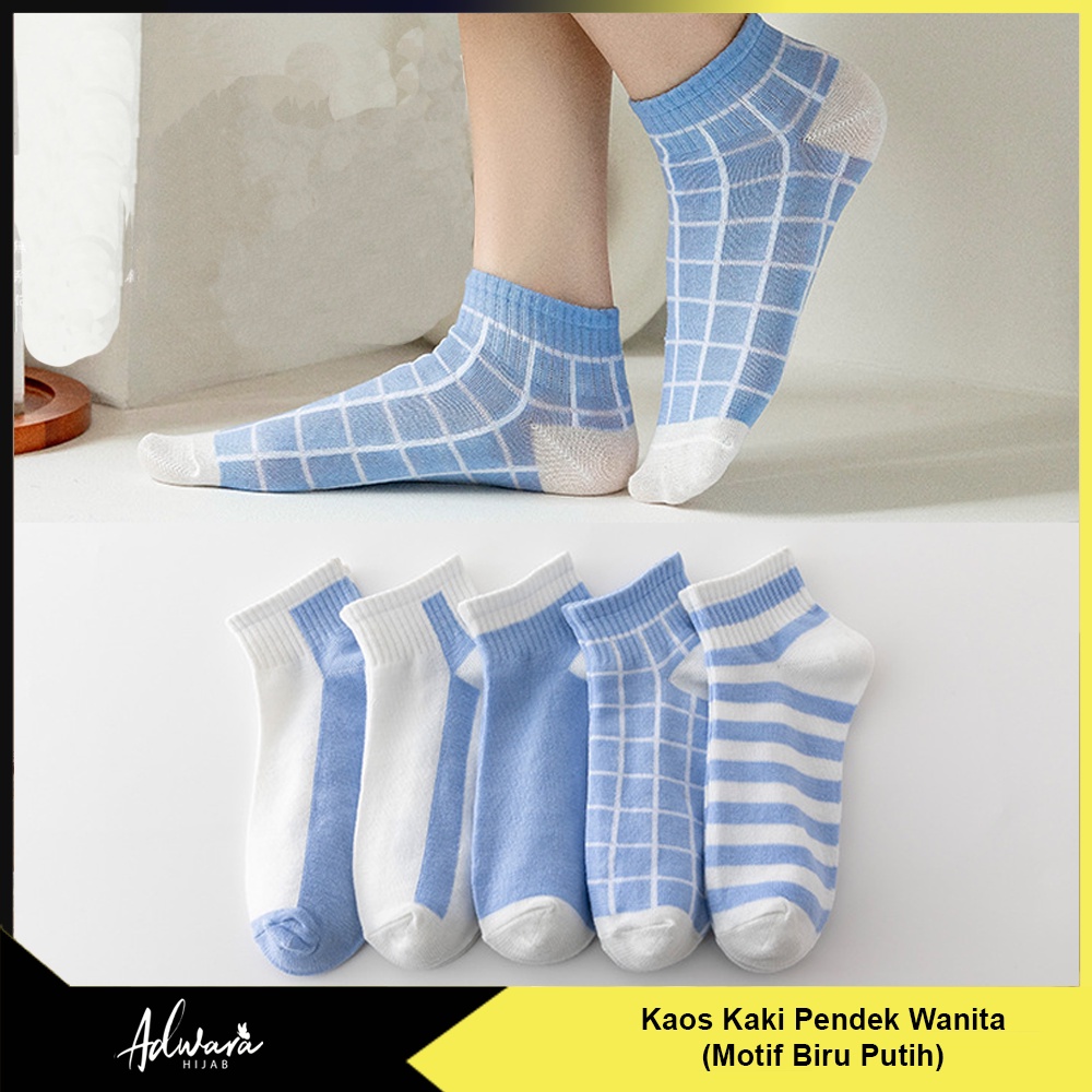 Kaos Kaki Pendek Wanita Semata Kaki Motif Biru Putih Kotak Feminim Gaya Korea