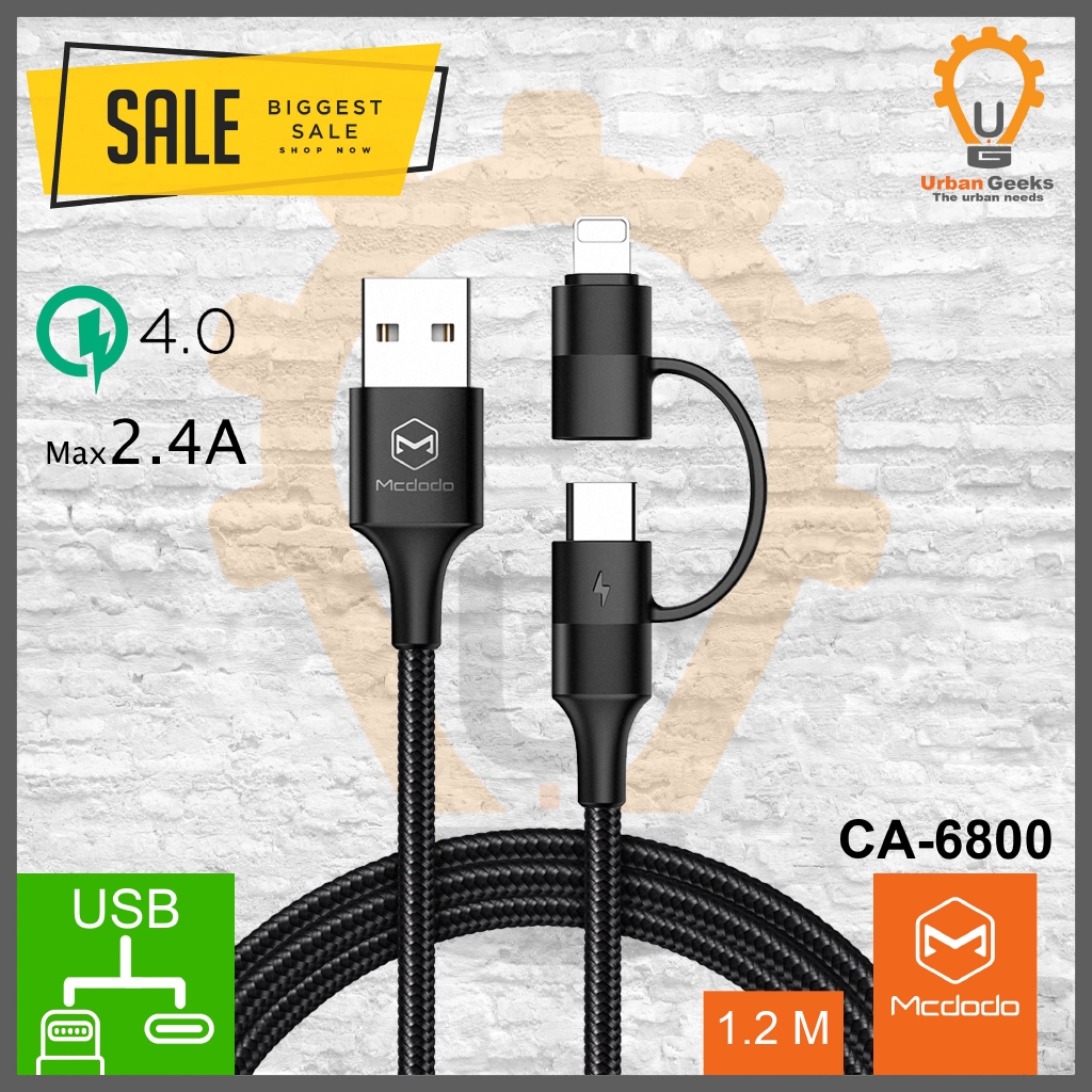 Mcdodo Cable 2 in 1 Type C dan lightning QC 4.0 Quick Charge 2.4A 1,2m