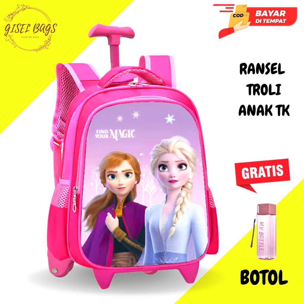 GB Tas ransel troli anak perempuan TK tas sekolah anak timbul bahan tebal tas troli anak import