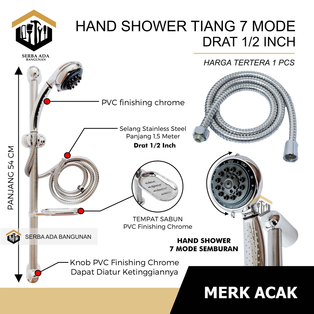 HAND SHOWER + TIANG SET + TEMPAT SABUN PVC MIX STAINLESS CHROME  KAULITAS BAGUS MURAH EKONOMIS