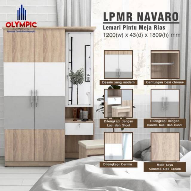 Lemari Pakaian 3Pintu Meja Rias OLYMPIC NAVARO SERIES