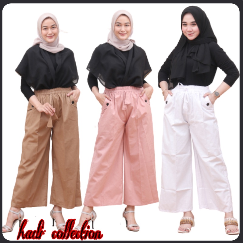 Celana Kulot Linen Rami Highwaist Pinggang Karet Wide Leg Cullote