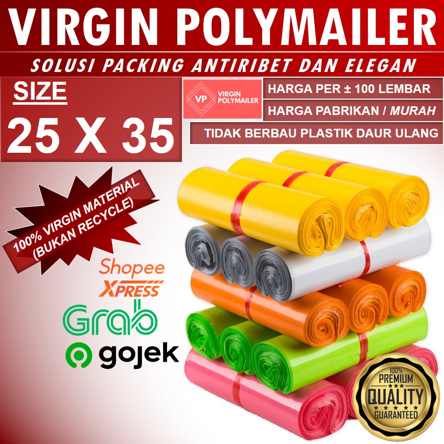 

VIRGIN POLYMAILER 25X35 ISI ±100 LEMBAR, SUPER PREMIUM QUALITY TERMURAH PLASTIK PACKING HARGA PABRIK
