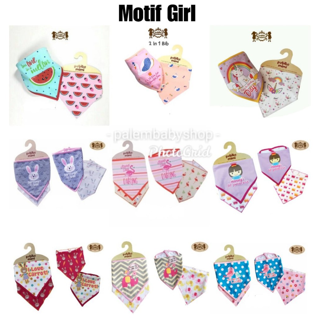 Petite Mimi Slaber / celemek makan bayi / tatakan liur Dengan Berbagai Macam Motif Girl 2in1 Dalam 1 Pack bb0002