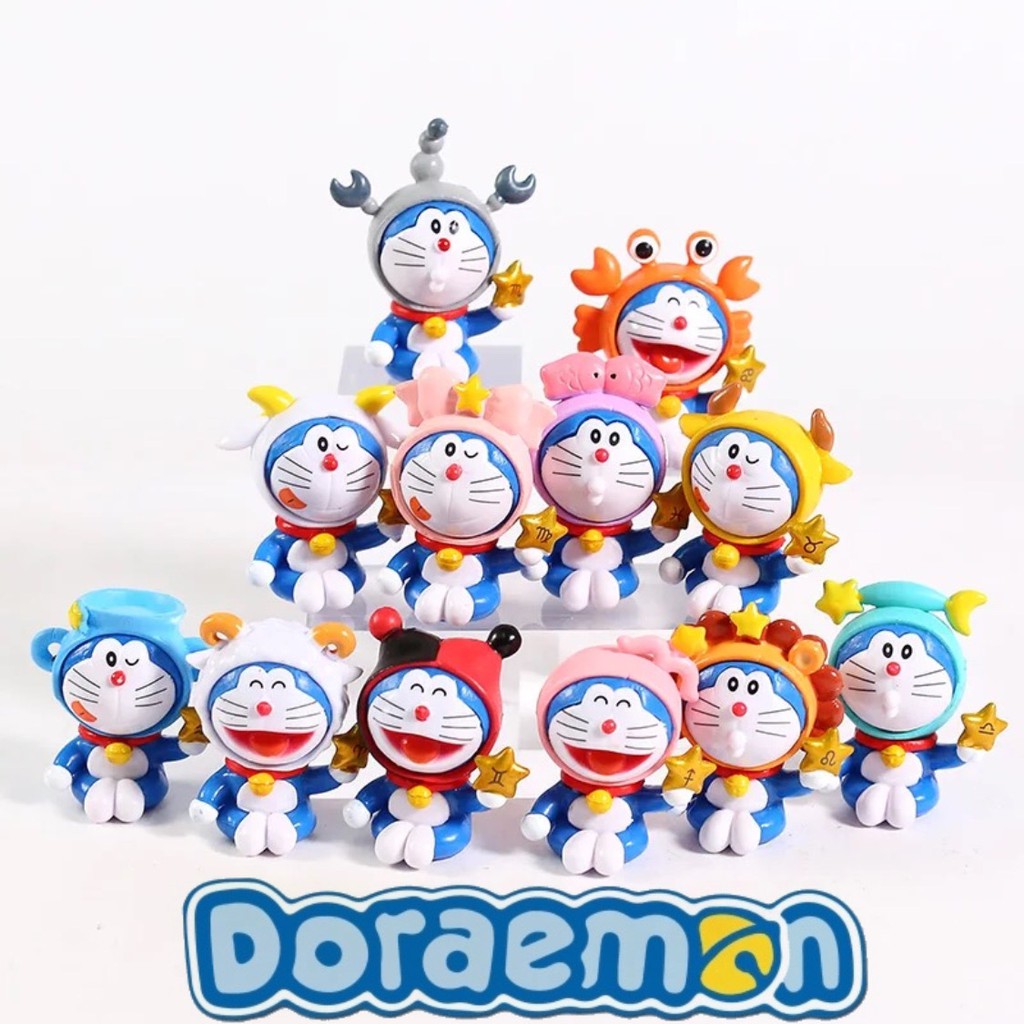 Set 12pcs Action Figure Karakter Robot Kucing Zodiac Pajangan Miniatur Topper Kue