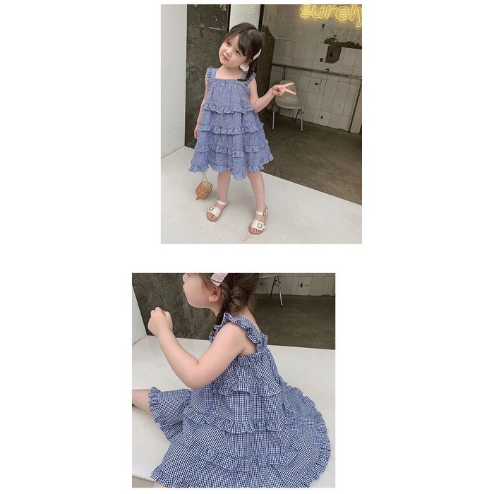 Dress Anak Perempuan Tanpa Lengan Motif Kotak Biru Import