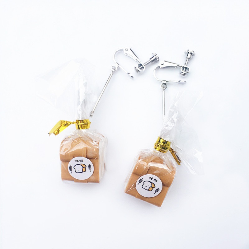 LVN- Creative Handmade Mini Simulation Toast Bread Drop Earrings Ear Clip Women Fashion Jewelry