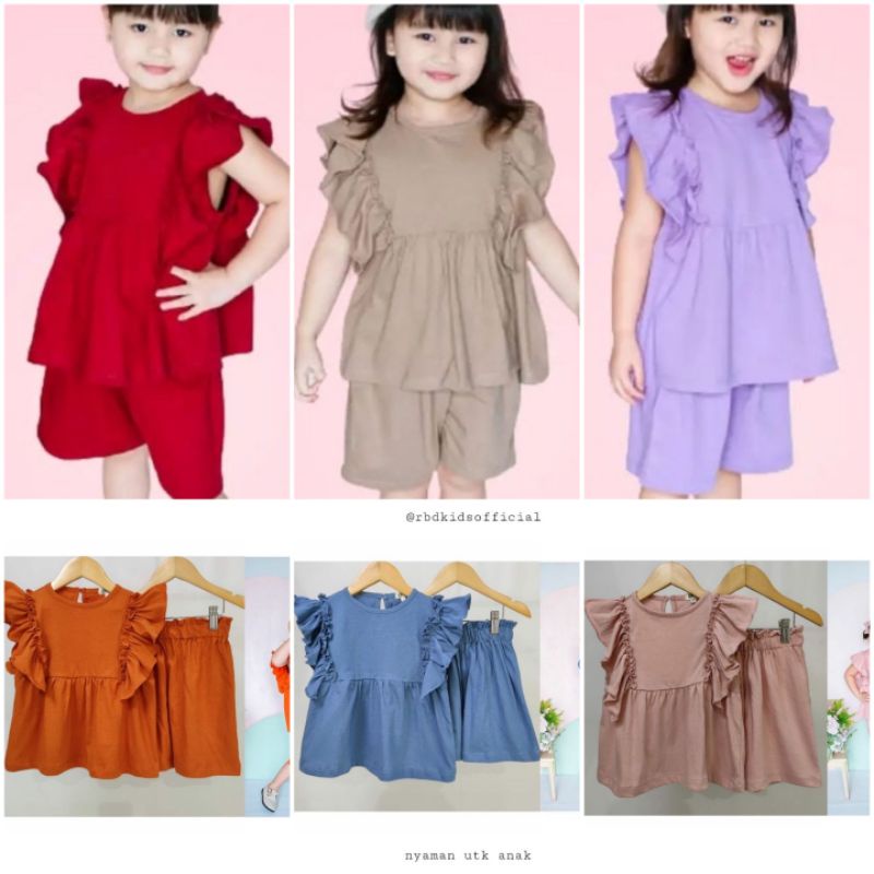 setelan anak bahan kaos premium perempuan MOZA POLOS  / setcel anak ruffle ori smilee