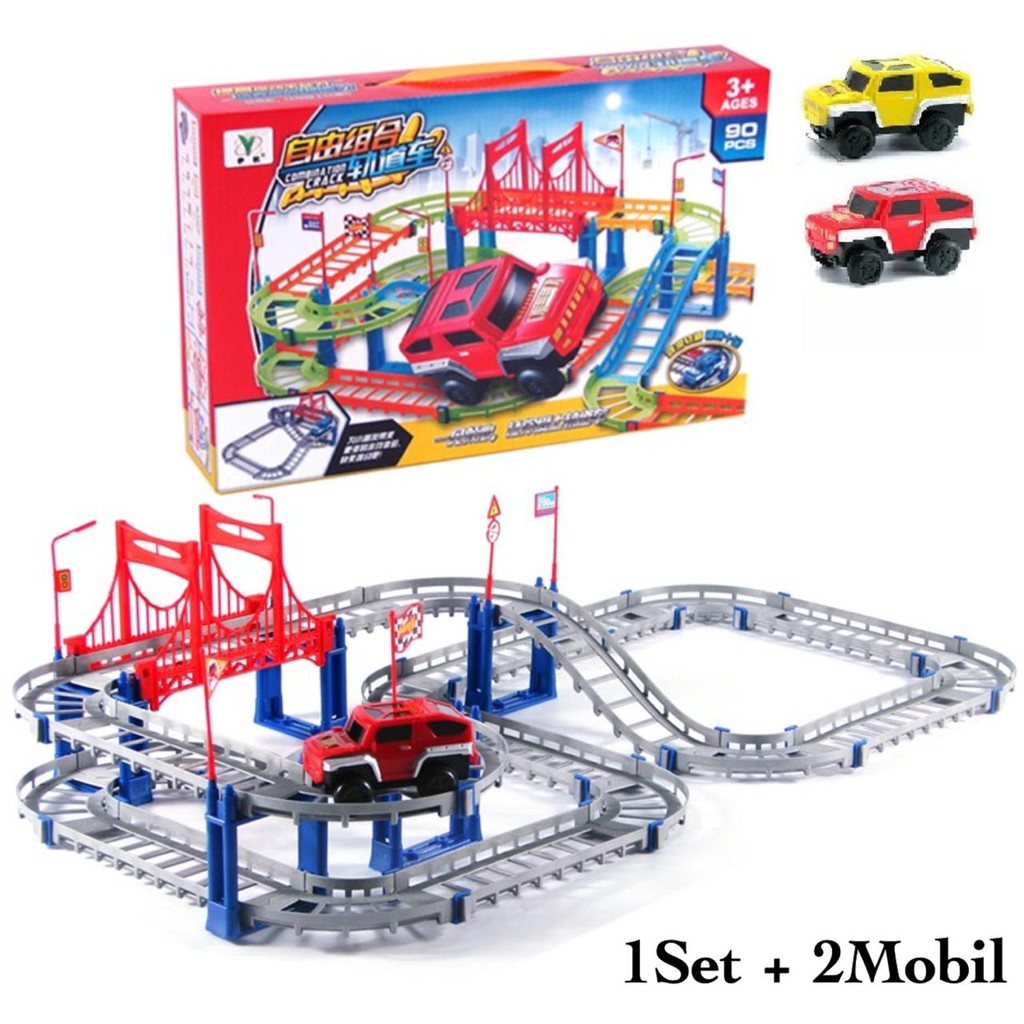 [ Funny ] 90Pcs Mainan Anak Edukasi Track Mobil / Mainan Jalur Kereta Api Bisa Bongkar Pasang-Abu 1set + 2mobil