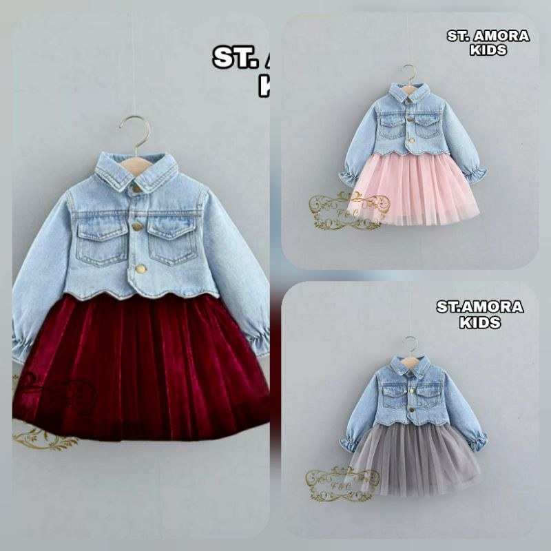 3 UKURAN S M L SET AMORA KID 3IN1 PAKAIAN ANAK PEREMPUAN ATASAN JACKET JEANS, INNER DAN ROK FEHM