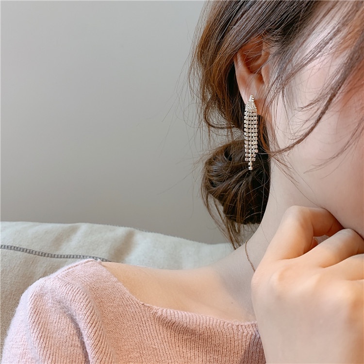 Korea sterling silver jarum berlian mengkilap rumbai anting-anting internet influencer Peri acara an