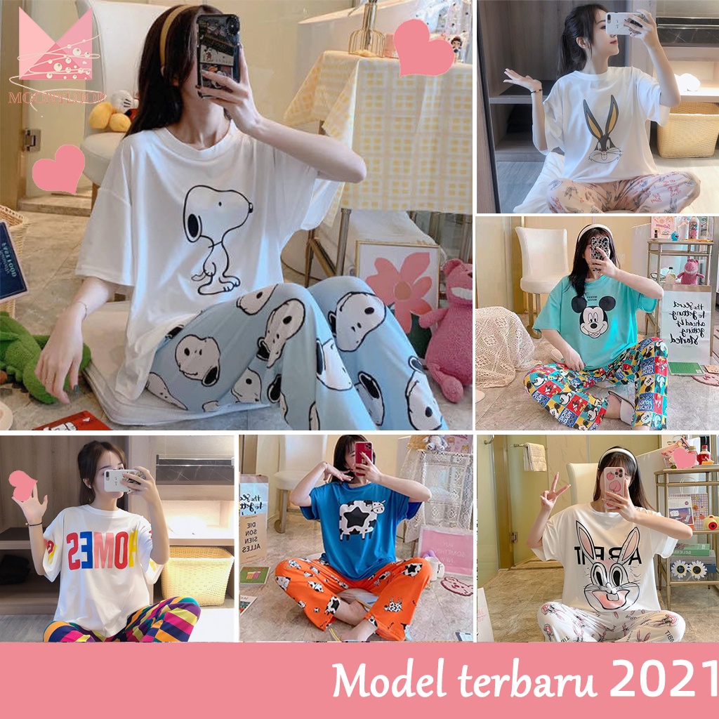Piyama Oversize Bahan Kaos Lengan Pendek Baju Tidur Wanita pakaian tidur wanita kaos set baju tidur 