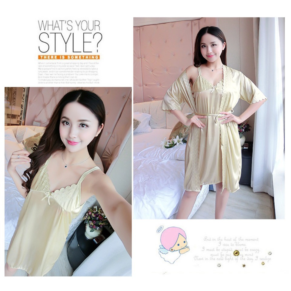 Baju Tidur Satin Set 2in1 Kimono  Pakaian Wanita Women Silk Korea Fashion Piyama Pyjama
