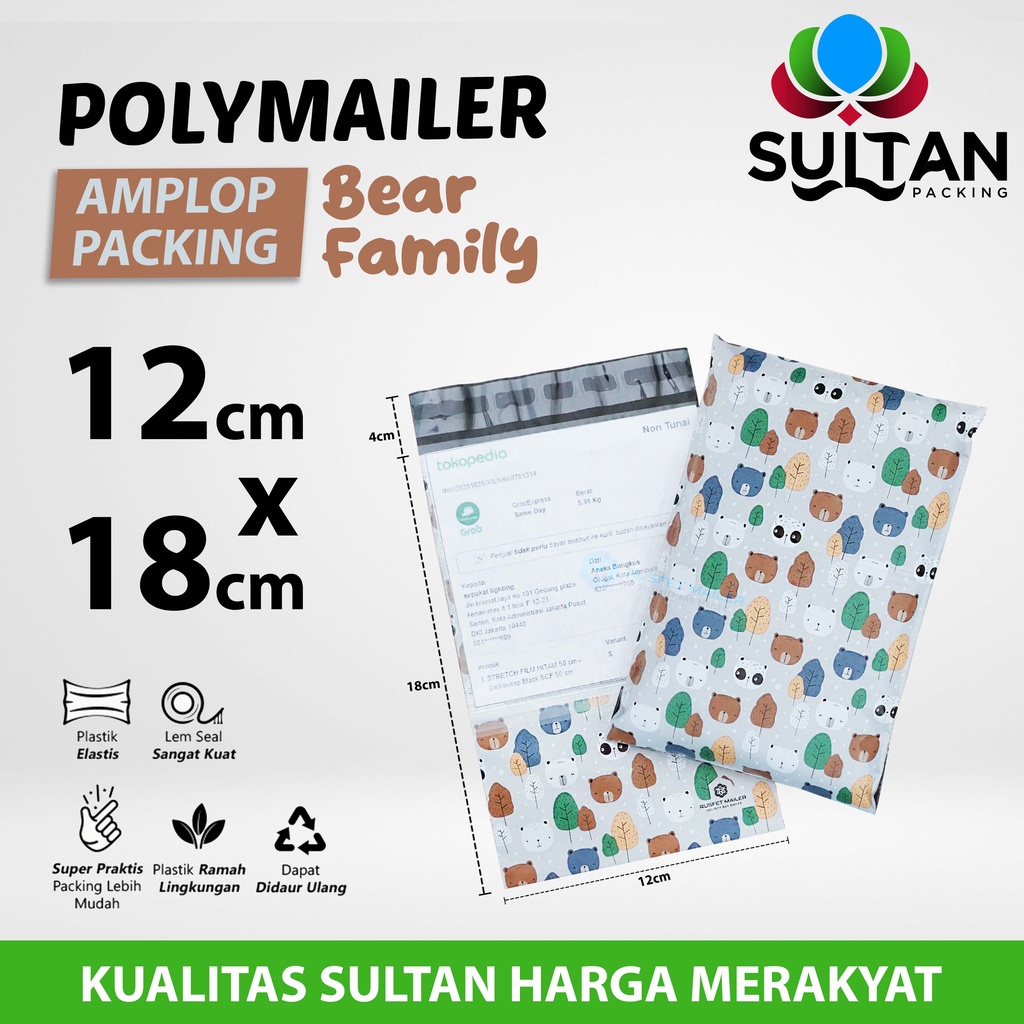 

Polymailer Polimailer 12cm x 18cm Amplop Plastik Packing Rusfet Motif Bear Family Premium Satuan