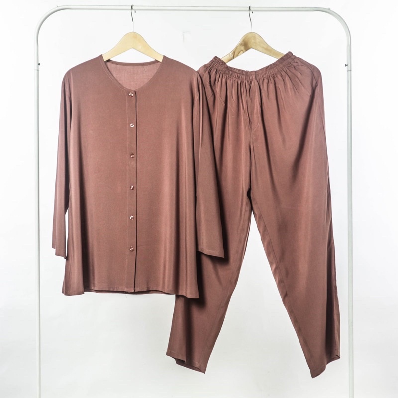(PIYAMA POLOS) PIYAMA RAYON PAJAMAS RAYON SET BAJU WANITA VIRAL ELEGAN MURAH-Cinamon