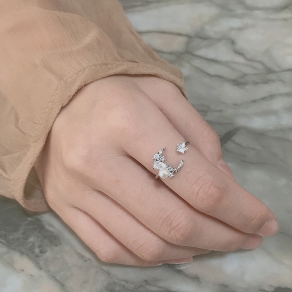 Hu Hu Hu Hu Hu Alat Bantu Pasang Kacamata♡ Cincin Open Ring Adjustable Desain Bulan Bintang Hias Cubic Zirconiamutiara Imitasi Untuk Wanita