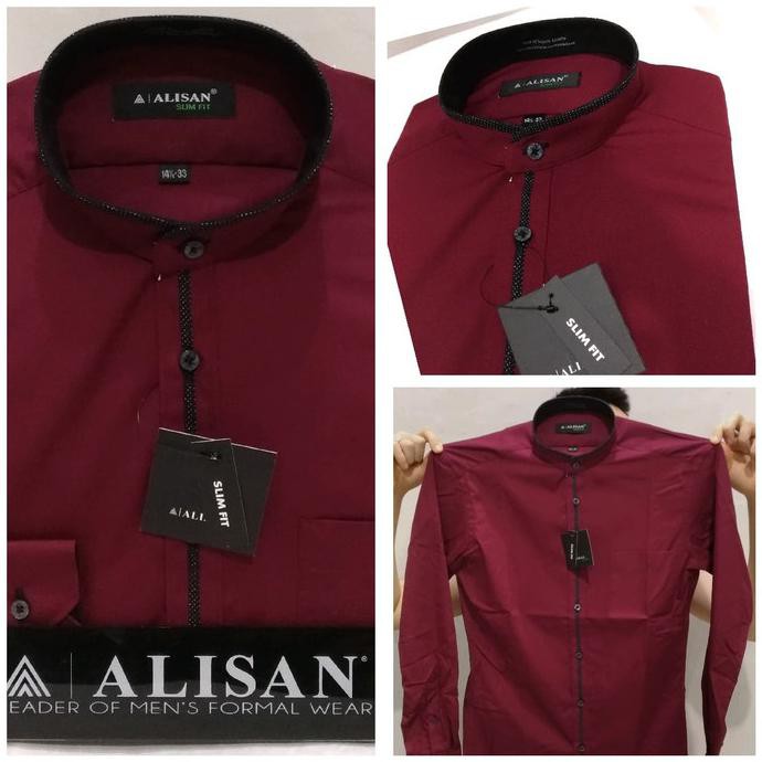 READY-STORE ALISAN KEMEJA PRIA KERAH SHANG HAI / KERAH KOKO SLIM FIT PANJANG - MAROON, S