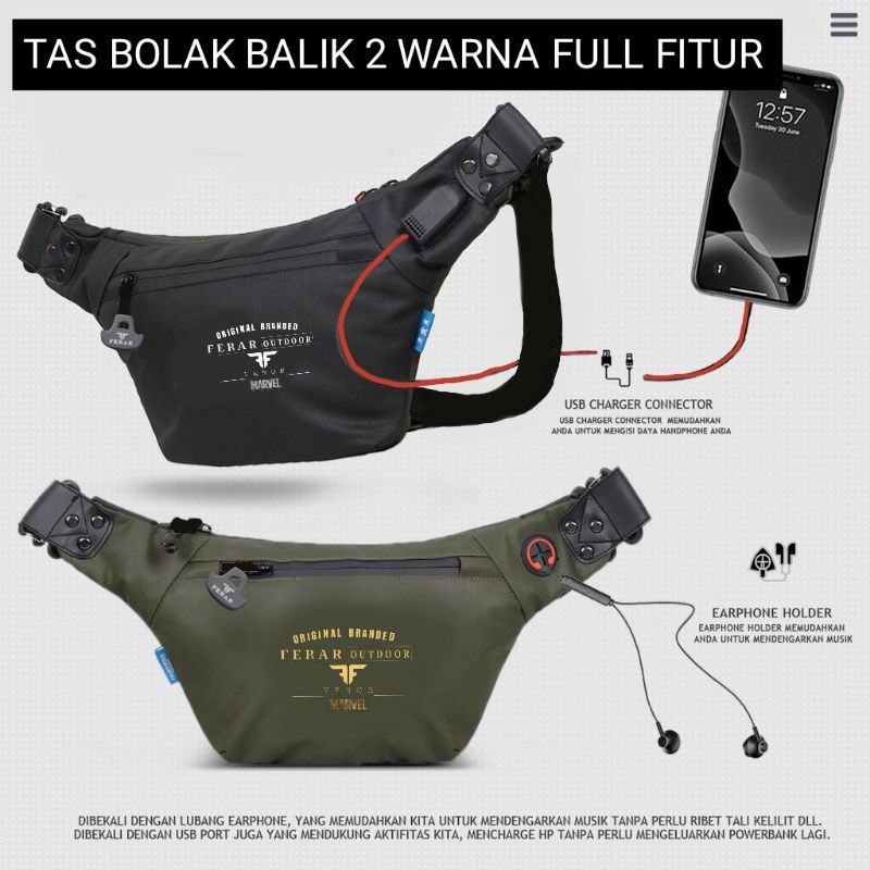 Tas waistbag waterproof pria wanita anti air Ferar dua warna bolak balik | Tas selempang waterproof pria wanita marvel | Free usb