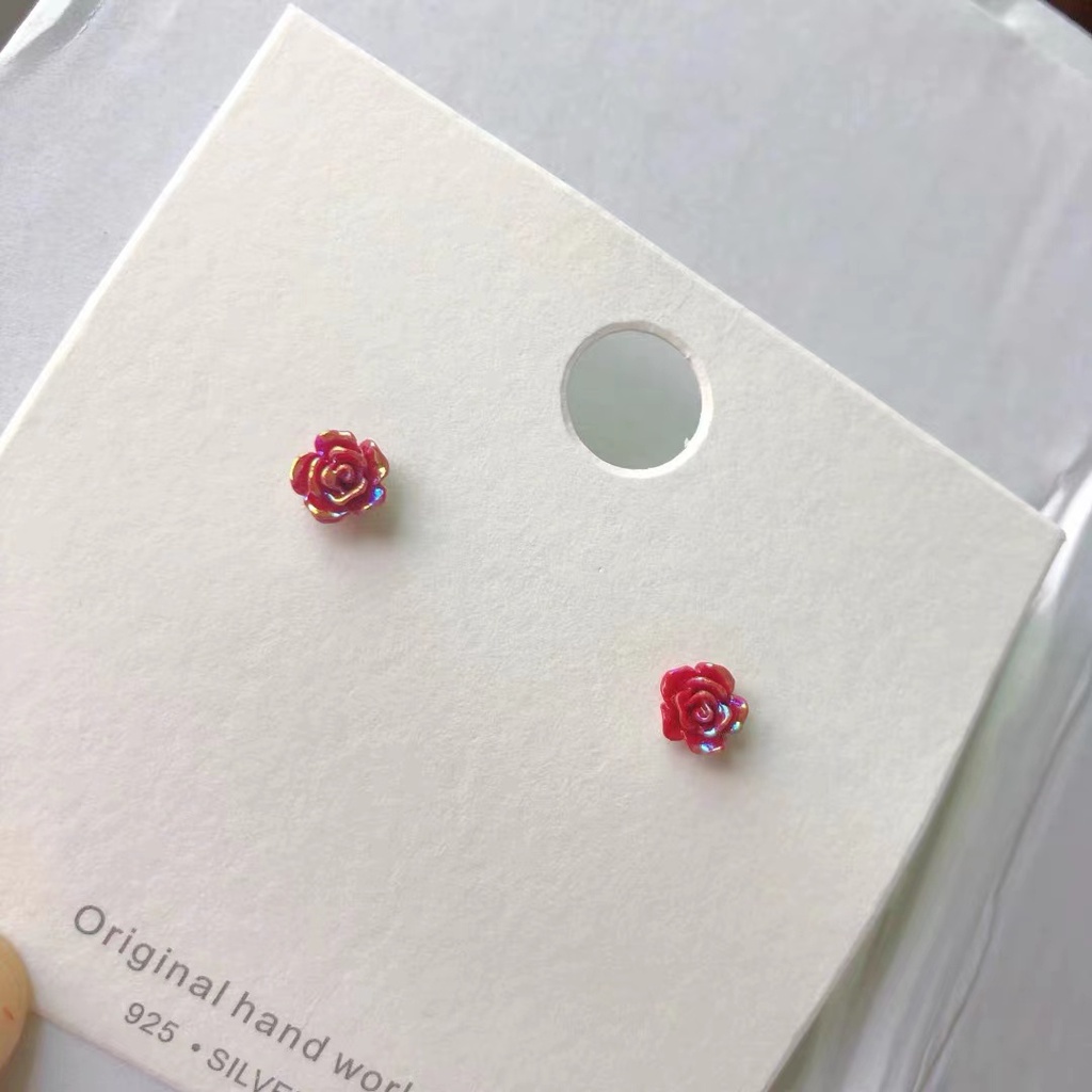 Anting Stud 925 Silver Bentuk Bunga Mawar Kecil Warna Merah Untuk Wanita