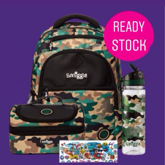 HEMAT  Smiggle Backpack set + bottle + lunch box ARMY BLACK