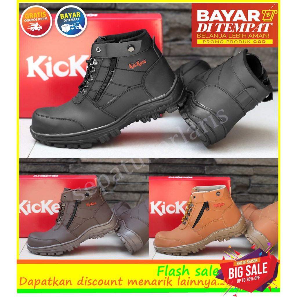 SEPATU SAFETY BOOTS PRIA KICKERS MORISEY HITAM UJUNG BESI