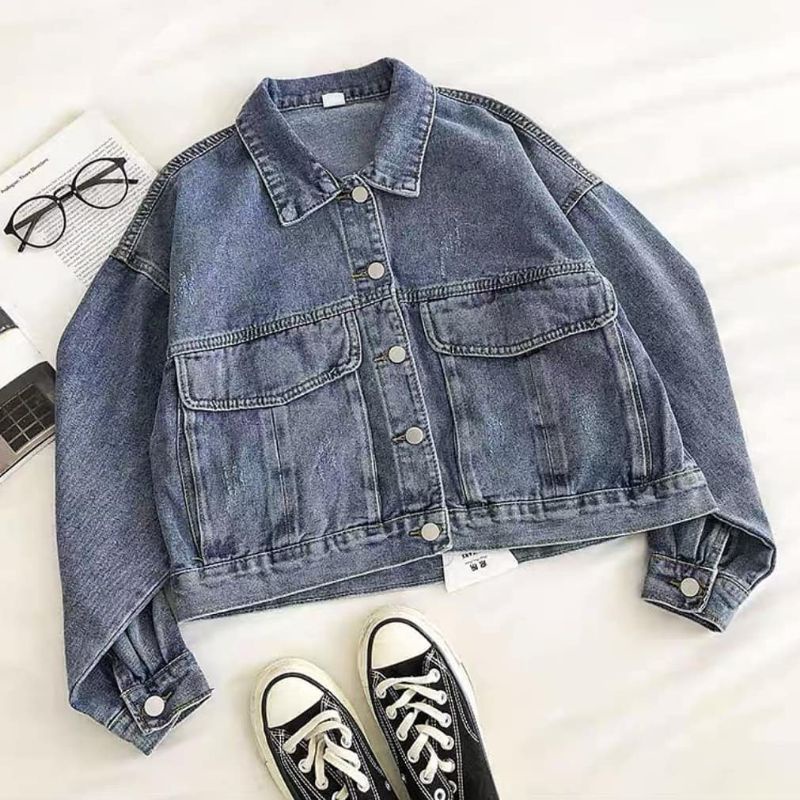 JAKET JEANS WANITA PAULA SANDWASH CROP OVERSIZE KOREA STYLE