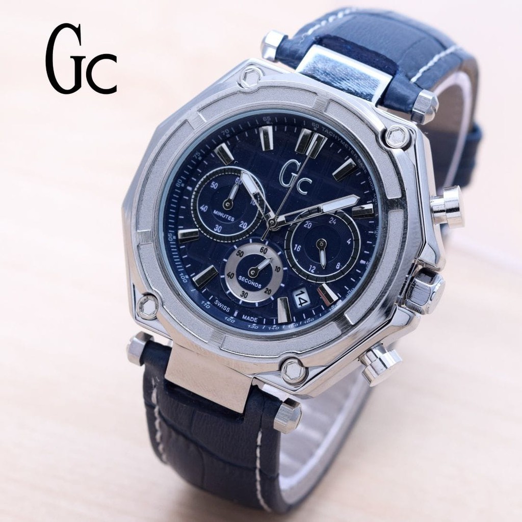 Jam Tangan Pria / Cowok Murah Gc SK755 Leather Silver Blue