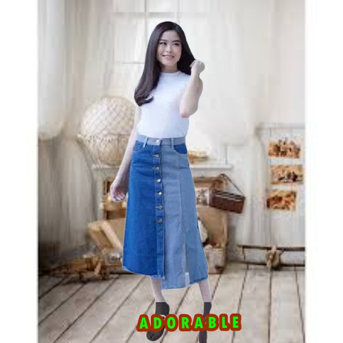 DISTRO ROK JEANS PINGGANG  KARET  COD ROK JEANS PANJANG KANCING DEPAN ASIMETRIS ROK JEANS 7/8 IMPORT
