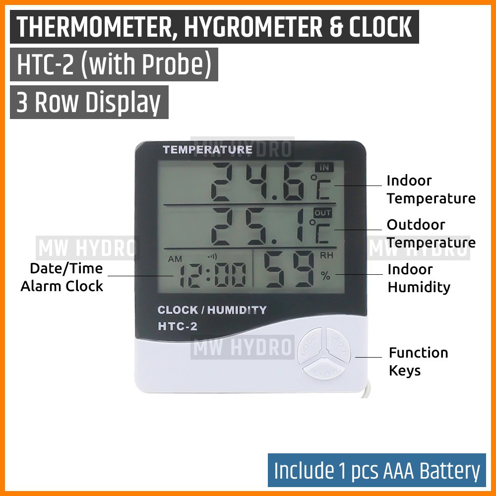 HTC-2 - 3 Row Display - In/Out Thermometer, Hygrometer &amp; Clock