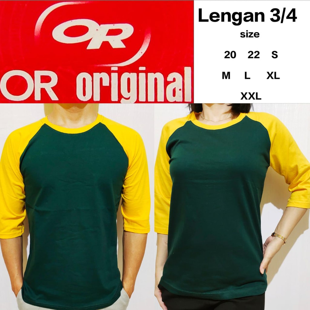 Kaos Polos Reglan Hijau Botol Lengan Kuning 3/4 20 22 S M L XL XXL