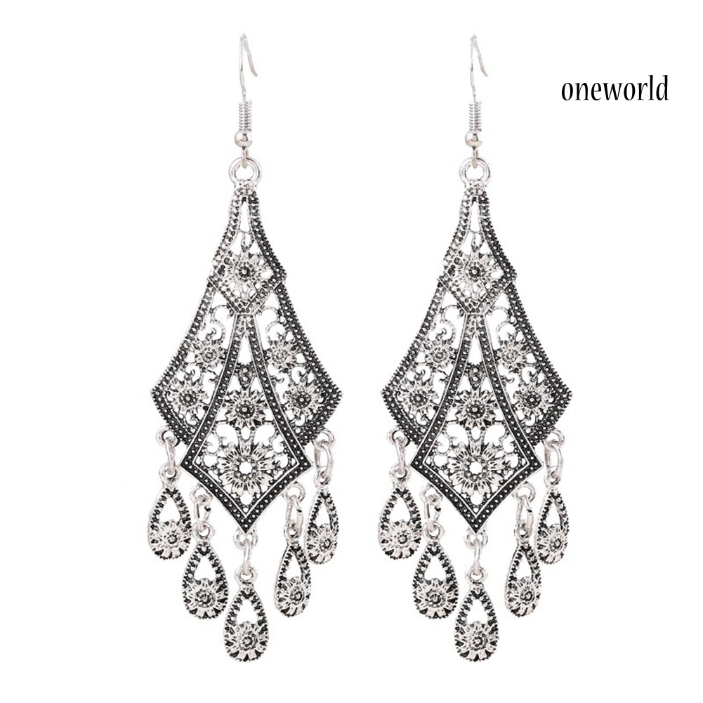 OW@ Vintage Women Chandelier Eardrops Hollow Leaves Tassels Dangle Hook Earrings