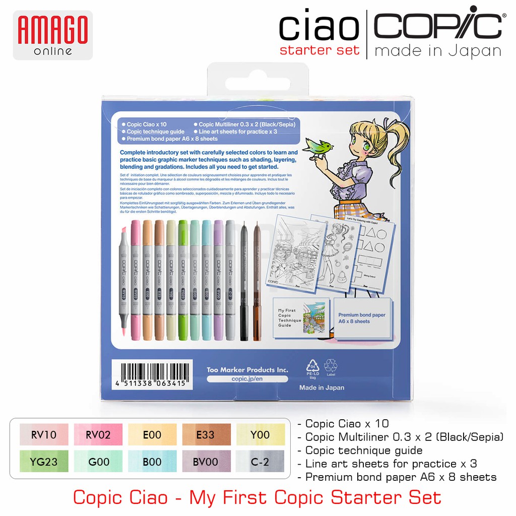 Copic Ciao - My First Copic Starter Set - 10 pcs Copic Ciao + 2 pcs Copic Multiliner Black and Sepia