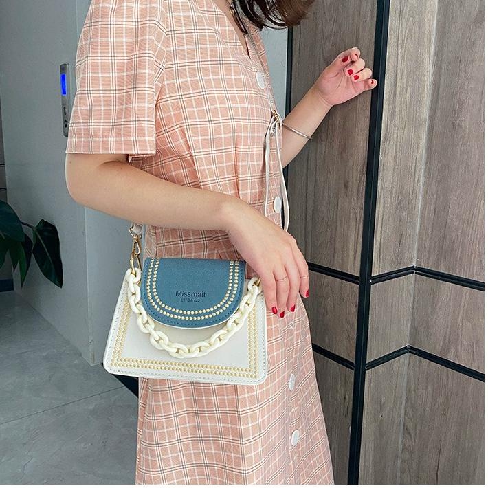 V68I TAS SELEMPANG WANITA PESTA KOREA SLING BAG MEWAH IMPORT KULIT PUTIH BIRU RANTAI ABG MEIN TA153W