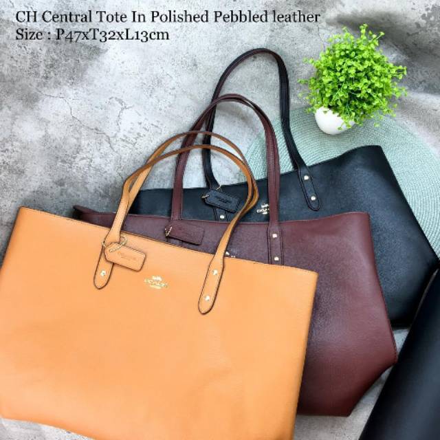 COACH Central Tote In Polished Pebbled leather kulit tas totebag ori asli brown maroon hitam black