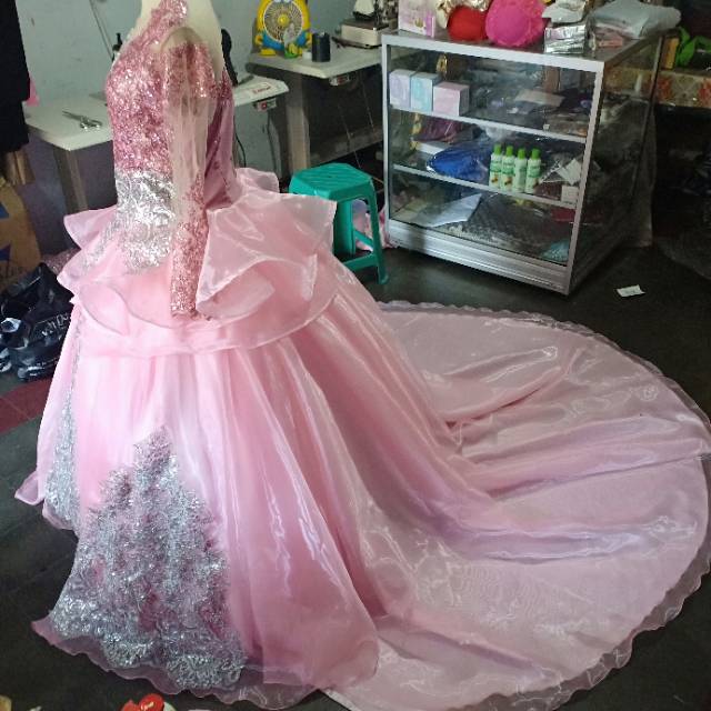 Baju pengantin pink muda kombinasi silver