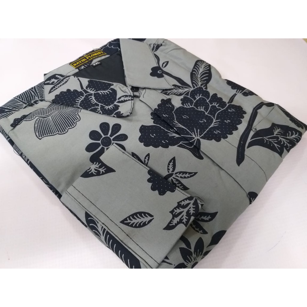 BATIK PRABUSENO DAUN SEJAGAD KEMEJA BATIK ABU SILVER GREY KEKINIAN pria lengan panjang PENDEK FLORIST