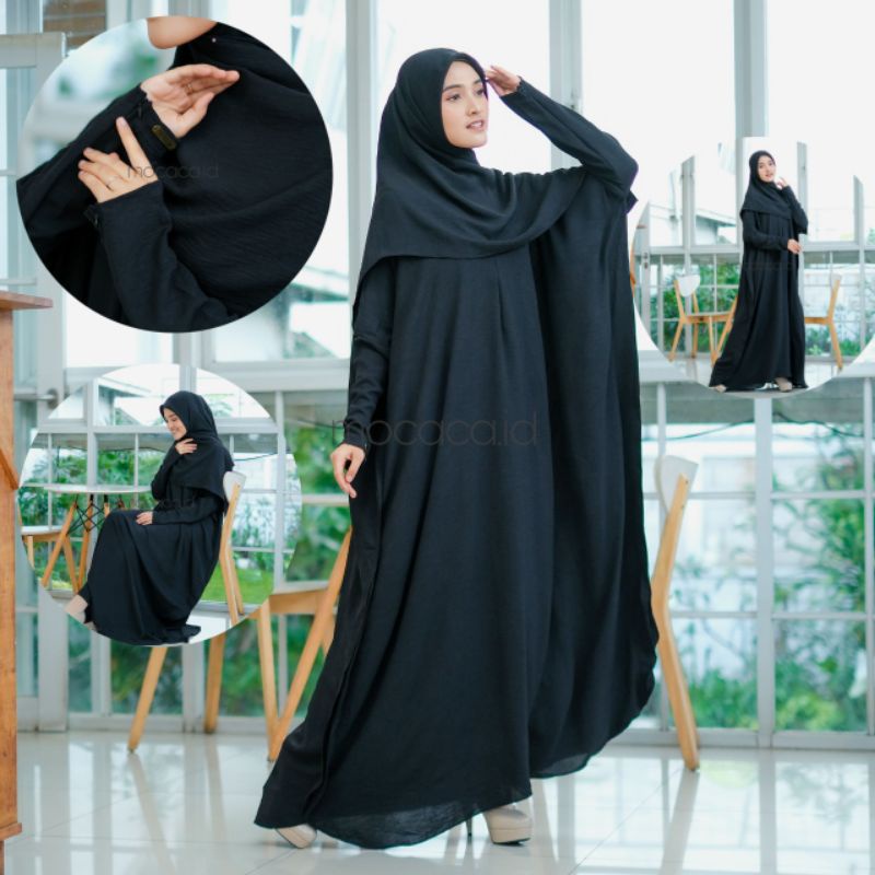 abaya set premium sudah dengan kerudung hitam ada saku sleting lengan panjang free size