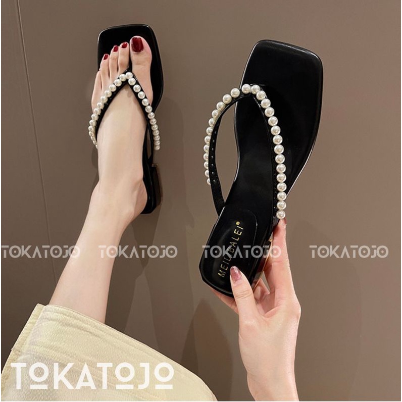 SANDAL HEELS 3 CM TERBARU SANDAL HAK TAHU WANITA MUTIARA SANDAL HEELS JEPIT MUTIARA  DI JAMIN REALPICT HARGA MURMER