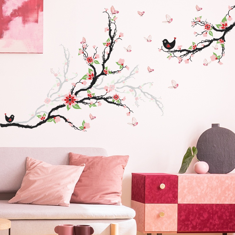 2pcs / set Stiker Dinding Desain Bunga Butterfly Bird Branch Untuk Dekorasi Ruang Tamu / Kamar Tidur