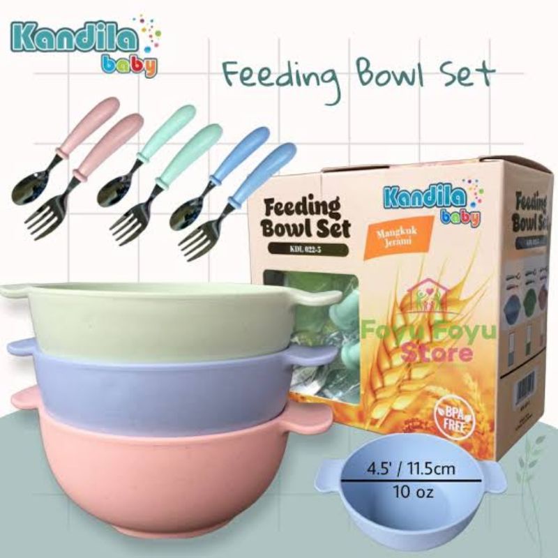 Kandila Baby Bowl Feeding Set KDL022-5 - Kandila Mangkok &amp; Sedok Garpu Stainless Bayi - Sedok Garpu Besi Bayi