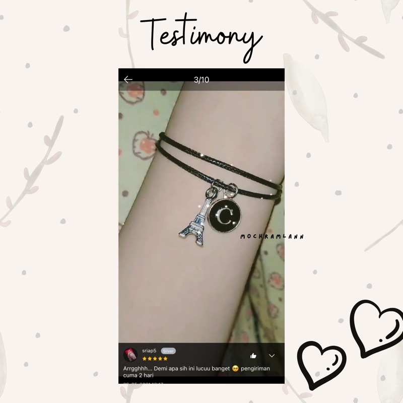 Gelang paris inisial bulat gantung hitam / gelang inisial huruf / gelang murah