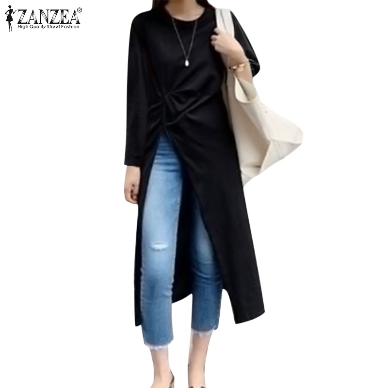 ZANZEA Womens Pleated Side Split Long Sleeve Casual Shirt O-Neck Irregular Long T-Shirt