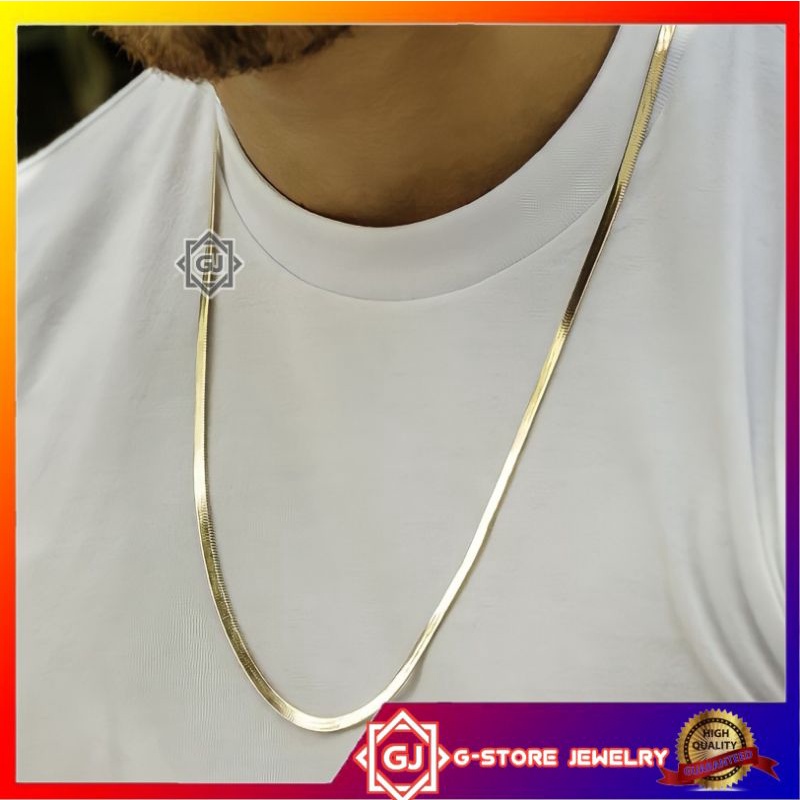 kalung pria wanita titanium asli anti karat lapis emas putih perak silver gold pipih cowok cewek