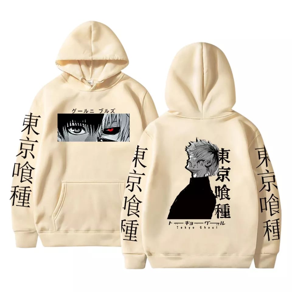 ( V1) MANGA TOKYO GHOUL 2SIDE Sweater Hoodie Wanita Mewah Oversize Fashion Kekinian Outfit Korean Style Ootd Cewek Remaja Ala Korea Bahan Fleece Premium Sweeter Hody Suiter Hoddy Switter Hudie Sweather Hodie Atasan Lengan Panjang LD 100 120 BB 40 45 50-CREAM MUDA