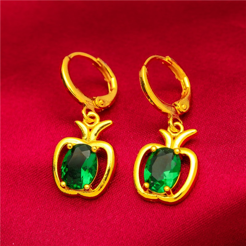 Anting Lapis Emas Asli Kadar 375 Bentuk Apel Aksen Sapphire Emerald Zircon Untuk Wanita