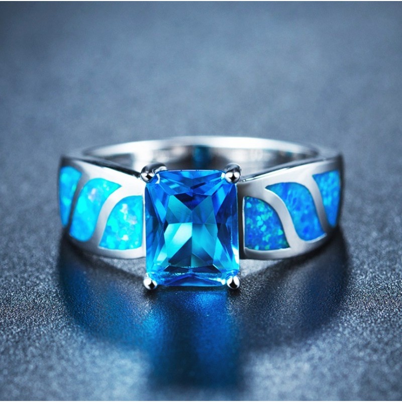 Cincin Batu Opal Biru Bentuk Persegi Panjang Untuk Hadiah Natal Wanita