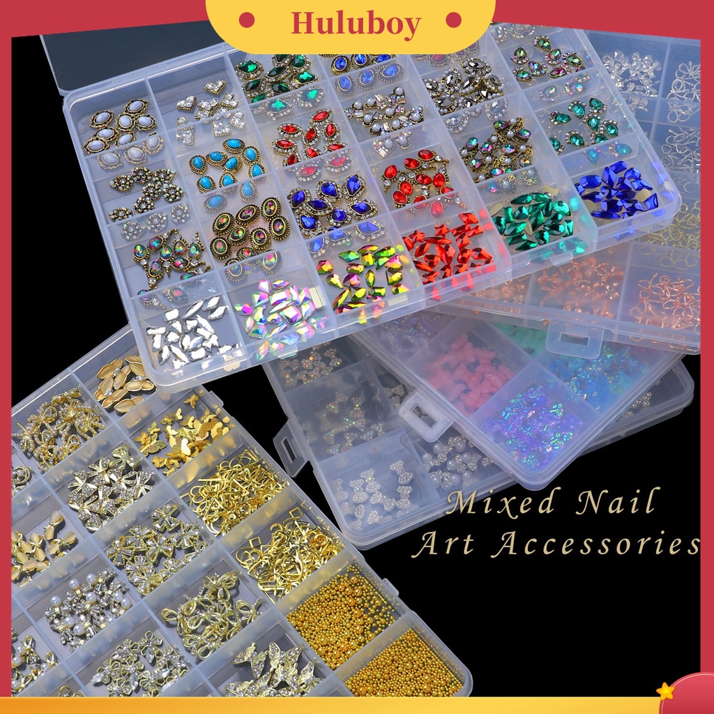 Huluboy Huluboy♡ 24 Grids / Box Berlian Imitasi Glitter Warna-Warni Untuk Dekorasi Nail Art