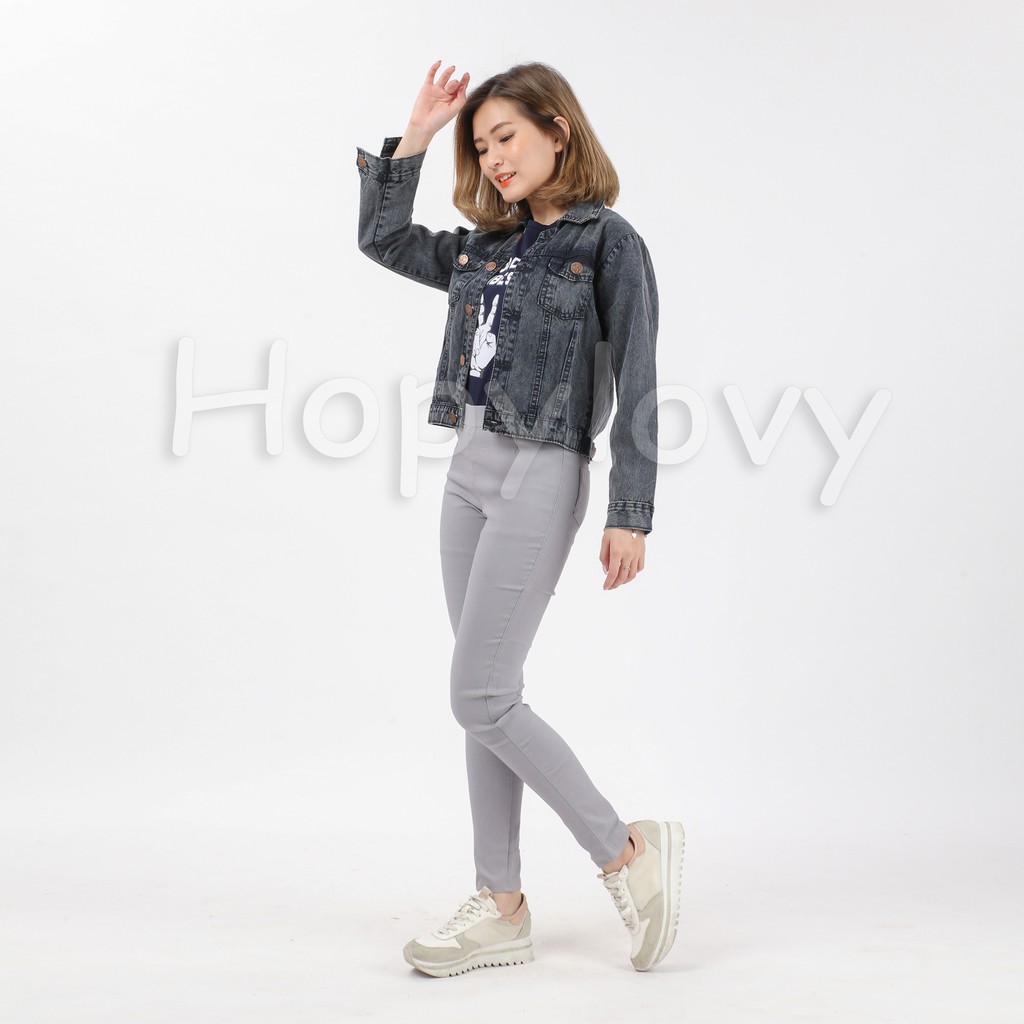 HOPYLOVY - Jaket Jeans Wanita Basic Snow Black Anastasia