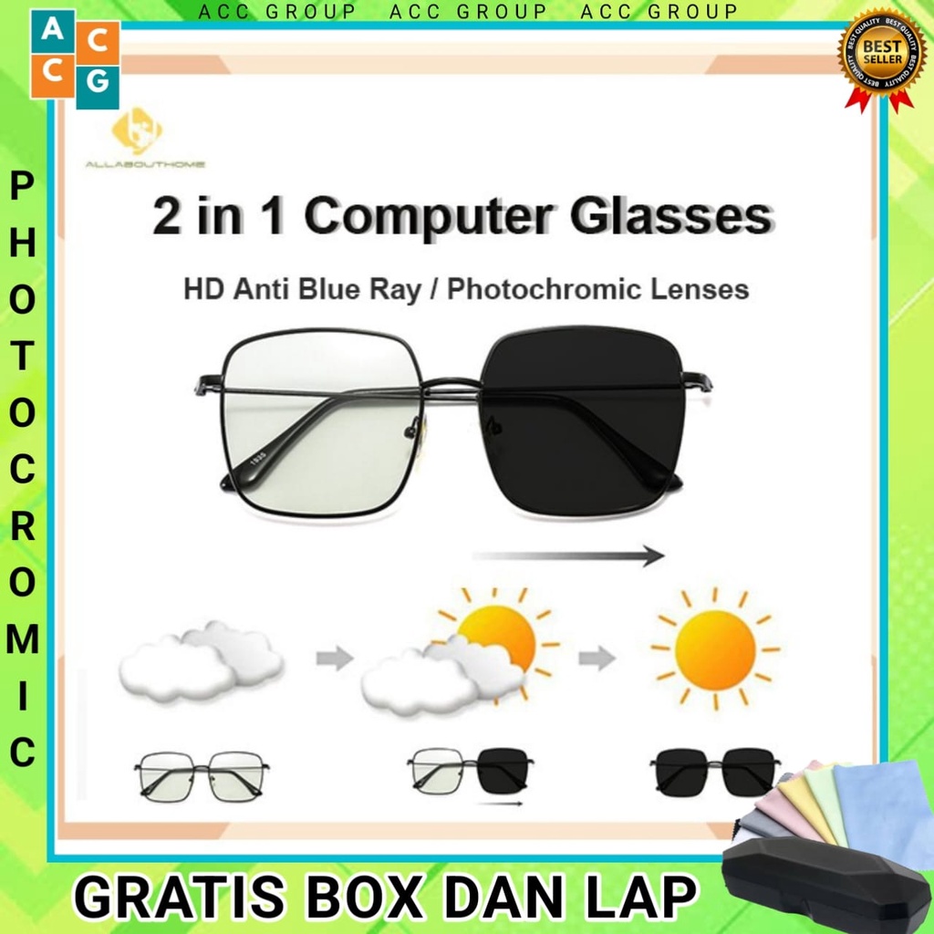 2 In 1 FREE BOX DAN LAP Kacamata lensa photocromic anti radiasi wanita pria kacamata komputer Anti Silau fotocromic