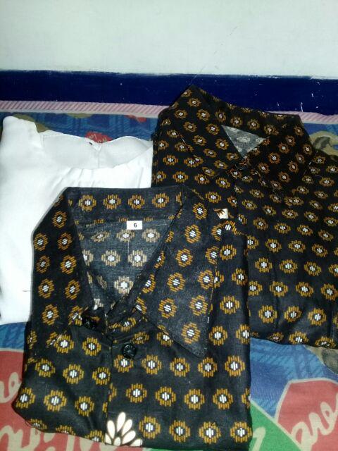 Couple Batik Keluarga Set Renda Ayah Ibu + Anak Cowok 3-12 Th Model Gamis Sarimbir Family Hitam Gold